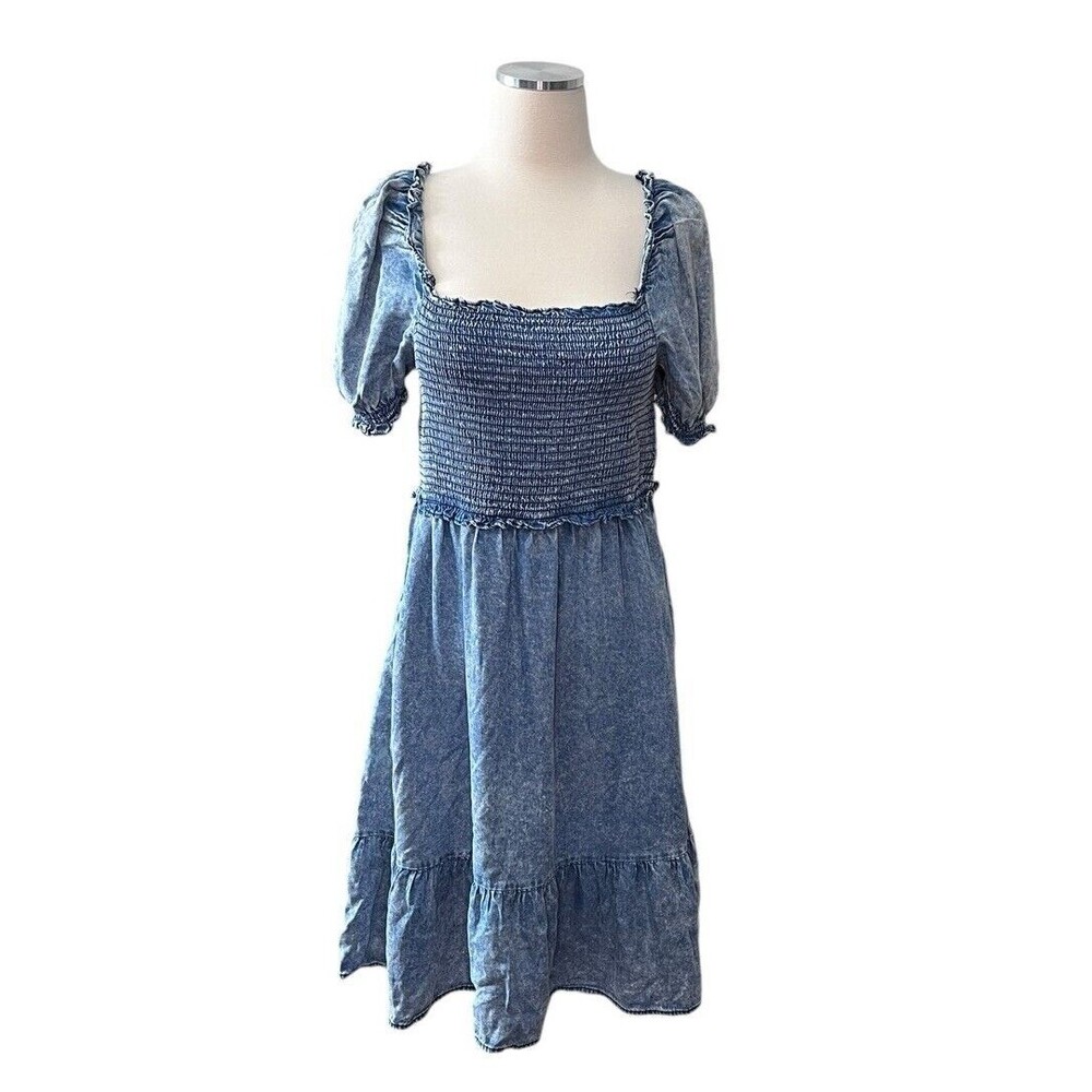 GeeGee NWT Denim Mini Dress Square Neck Rouched Bust Ruffle Hem Size Large